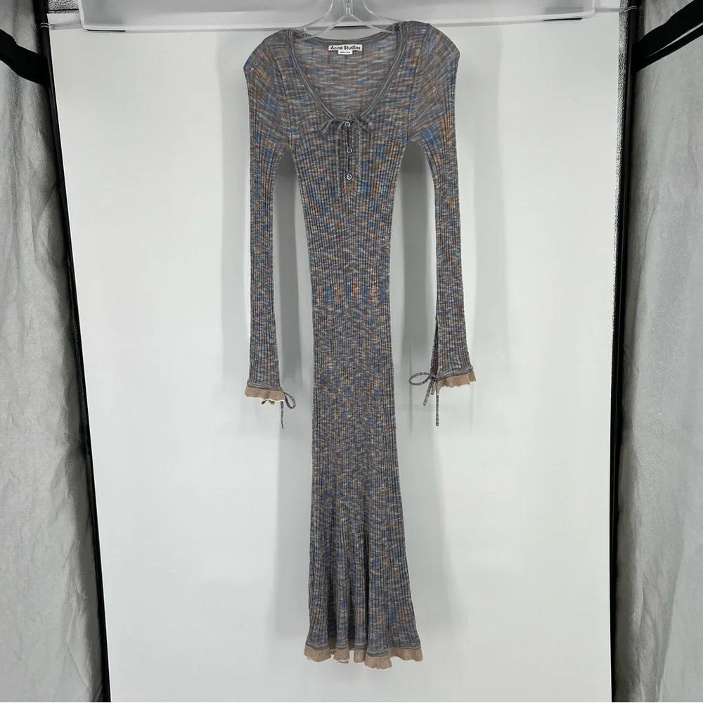 Acne Studios Kadley Grey Bow Front Ribbed Striped Sheer Knit Maxi Dress Small - Picture 2 of 10